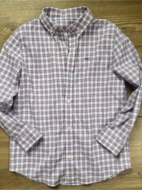 Vineyard Vines Boys Pink, Blue & White Performance Plaid Button-Down Shirt